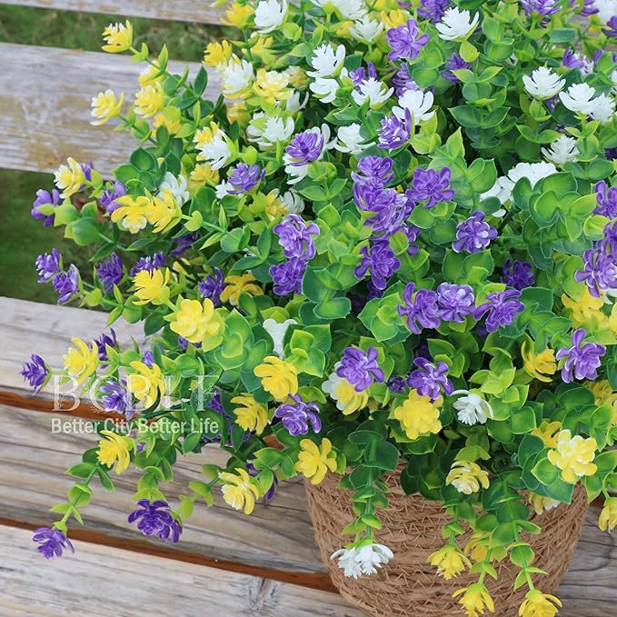 BCBLF UV Resistant Artificial Flowers for Indoor and Outdoor Use, 12 Bundles Not-Fading Faux Plants for Porch, Patio, Garden, and Home Decoration - Yellow Purple White