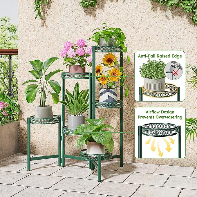 NQW Metal Plant Stands Indoor Outdoor, 6 Tier Plant Stand Corner Plant Shelf, Folding Tall Plant Rack, Heavy Duty Iron Flower Display Holder Stand for Living Room Patio Porch Balcony - GreenFlower