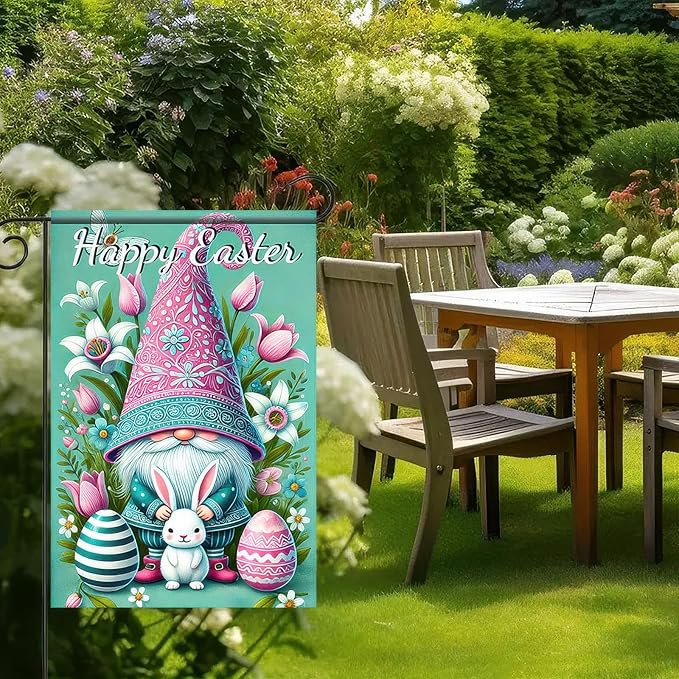 Happy Easter Garden Flag 12x18 Inch Double Sided Easter Gnome Bunny Floral Egg Design Small Outdoor Yard Flag Spring Easter Decor for Porch Lawn Patio Garden