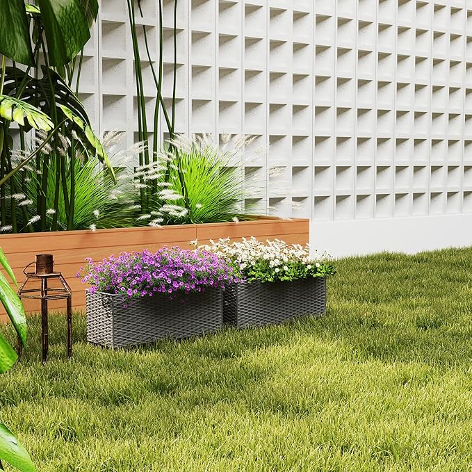 Outsunny Railing Planter Box (2 Pack, 20 Inch), Hanging Flower Pots with Hooks, Drainage Holes for Fence, Balcony, Garden, Patio, Rattan Look, Gray