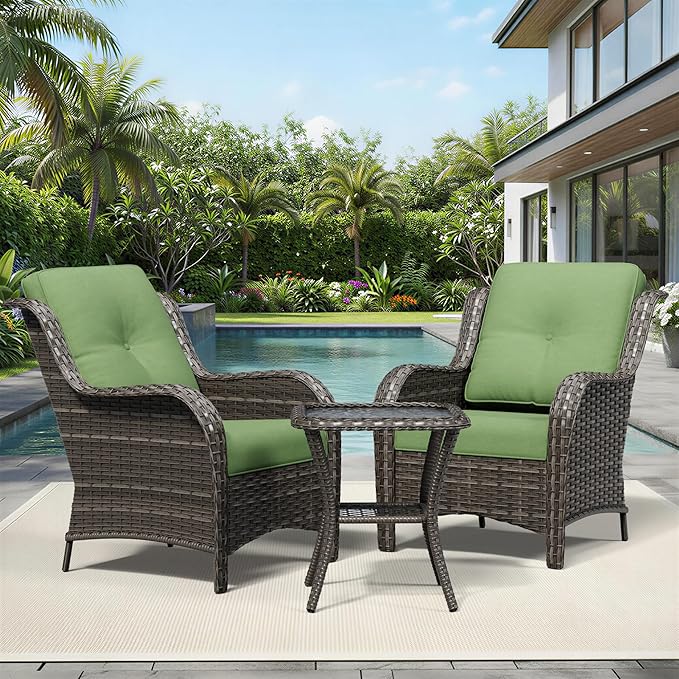 Joyside 3 Piece Wicker Patio Furniture Set, Rattan Patio Chairs with High Back, Deep Seating, Wide Armrest, Thickened Cushions, Outdoor Furniture for Deck, Porch Use