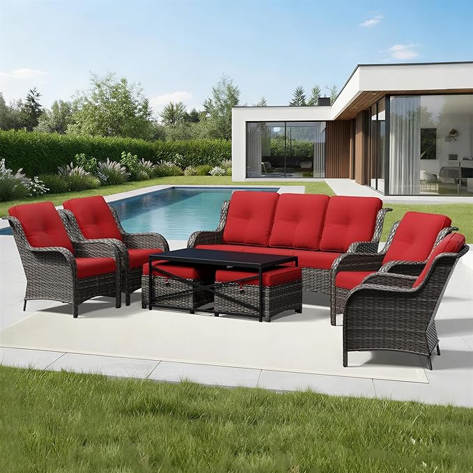Joyside 8 Piece Wicker Patio Furniture Set, Rattan Patio Chairs with High Back, Deep Seating, Wide Armrest, Thickened Cushions, Outdoor Furniture for Deck, Porch Use
