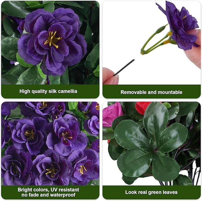 Artificial Fake Outdoor Flowers Plants, Faux Silk Purple Camellia Bundles UV Resistant No Fade Realistic for Planter Pot, Outside Porch Patio Balcony Garden Yard Home Decoration, 3 Large Bundles