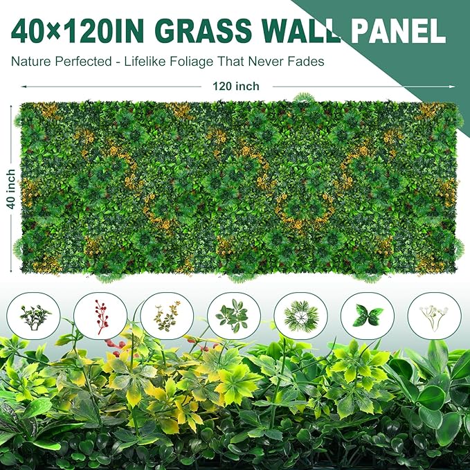 Yangrass Artificial Grass Wall Panels, 40"x120" (33.33 sqft) Boxwood Wall Roll with Tropical Leaves, Faux Greenery Privacy Fence Screen, Grass Backdrop for Outdoor Indoor Garden Birthday Wedding Decor