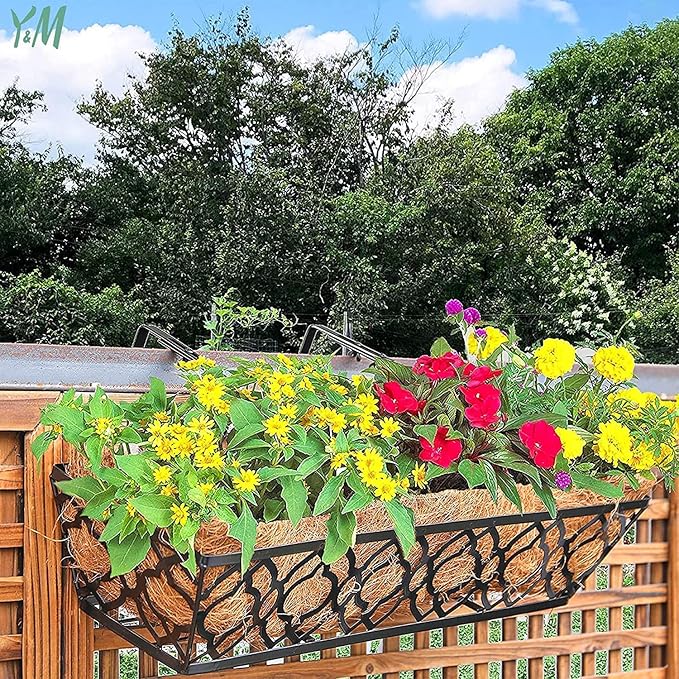 Y&M Flower Boxes for Deck Railings 24inch 4packs, Deck Railing Planter Boxes with Coir Liner Outdoor Railing Window Boxes Planters Hanging Planter Flower Box