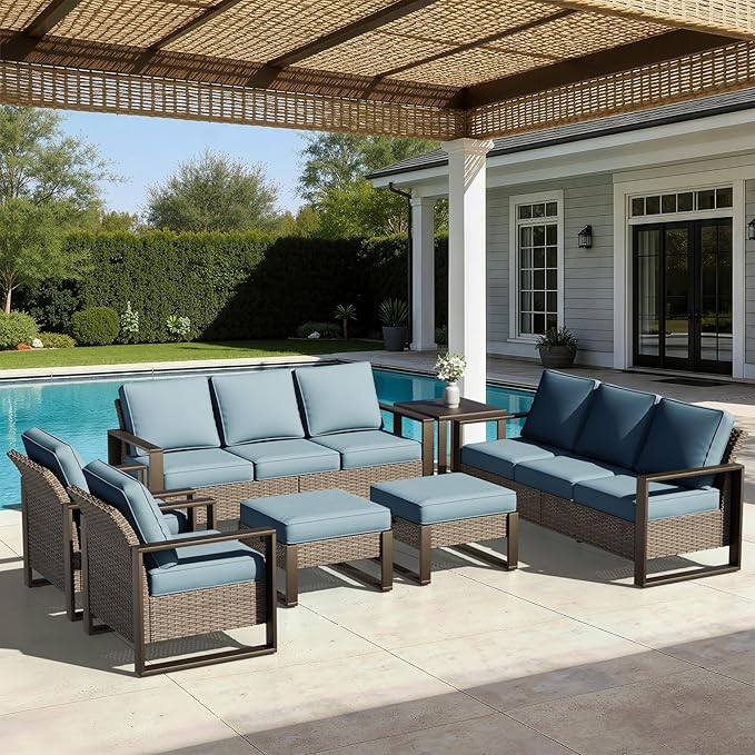 Joyside Outdoor Patio Chairs, 7 Pieces Wicker Rattan Furniture Set, 2 Patio Chairs, 2 Sofa, 2 Ottoman and 1 Table, Metal Wide Armrest, Thick Cushions and Deep Seating for Garden, Backyard, Porch