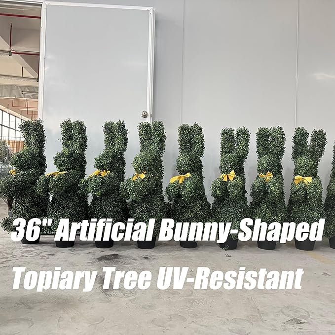 BLONYUVC Bunny-Shaped Topiary Ball 36'' Artificial Tree Rabbit Bowknot Pot UV-Resistant Faux Boxwood Topiaries Plant for Porch Decor Outdoor/Indoor 2 Pack