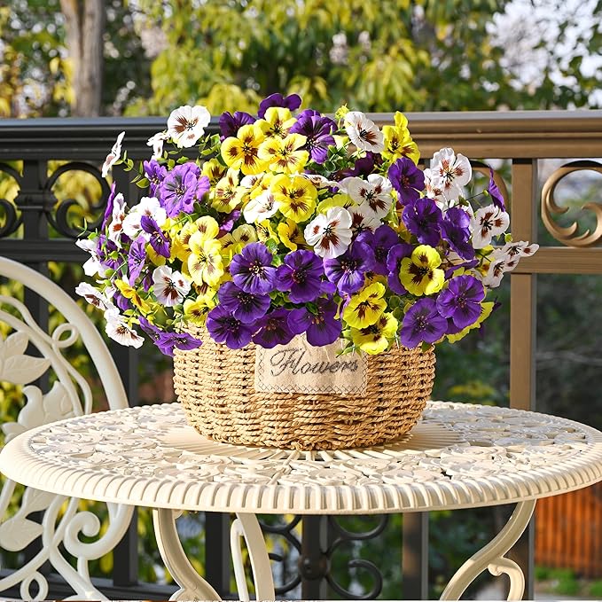 Waipfaru 36 Bundles Artificial Pansy Flowers for Outdoor, UV Resistant Faux Silk Flowers for Outdoor Planters Front Door Porch Yard Patio Window Box Home Decor (Purple, Yellow, White)
