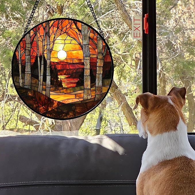 Stained Glass Window Hanging, Orange Red Landscape Forest Lake Moon Suncatcher for Doors Window Home Sun Catchers Decor Mother's Day Birthday Gifts for Women Men Mom 6.3 in