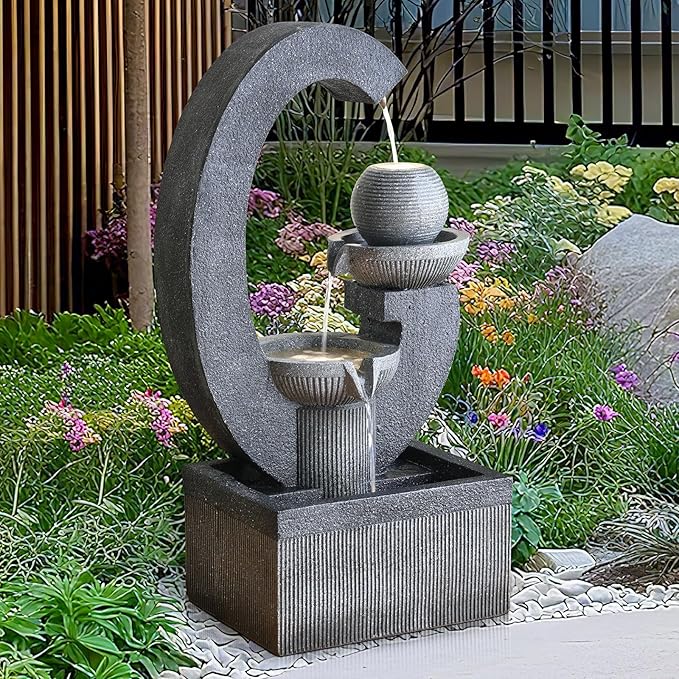 Qingyinge 31'' H Modern Outdoor Fountain Resin Outdoor Garden Fountains with Contemporary Design LED Light for Garden, Patio, Deck, Porch, Backyard and Home Art Decor