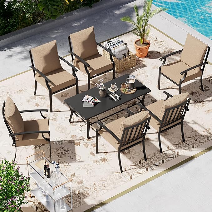 7-Piece Patio Furniture Set, Outdoor Furniture with All-Iron Rectangular Coffee Table and 6 Chairs with Thick Cushions, Metal Patio Table and Chairs Set for lawns, Patios and Backyards,Sand