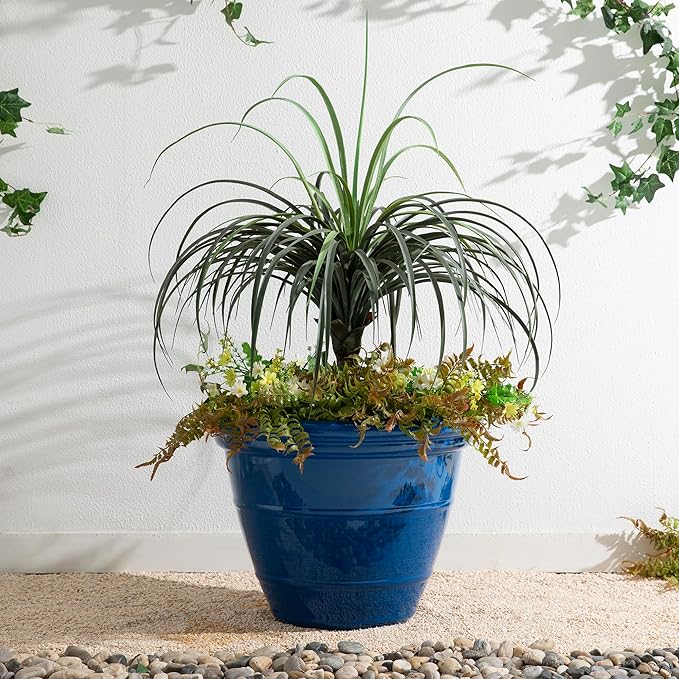 Glitzhome 19.5" D Large Flower Pots, Cobalt Blue Faux Ceramic Finish Plastic Tall Planters, Tall Planters for Outdoor Plants with Drainage Holes, Round Plant Pots for Front Porch Patio Deck, Set of 2