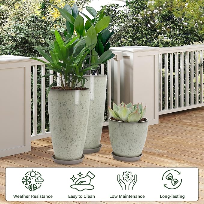 Neoaider 24/21/12 Inch Large Plastic Planter, Lightweight Ceramic-Look Tall Planters with Drain Hole & Saucers, Tall Plastic Planters for Porch, Garden, Patio, Balcony(Glaze Beige)