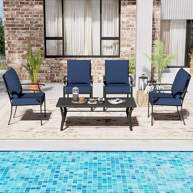 5-Piece Patio Furniture Set, Outdoor Table and Chairs with Rectangular All-Iron Coffee Table and 4 Chairs with Thick Cushions, Patio Conversation Set for Backyard, Balcony and lawns,Navy blue