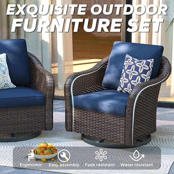 3 Pieces Patio Conversation Set, 55" Sofa with Washable Cushions, Wicker 360 Degree Swivel Glider Rocker Chairs, Wicker 2-Seat Couch for Garden, Lawn (Navy Blue)