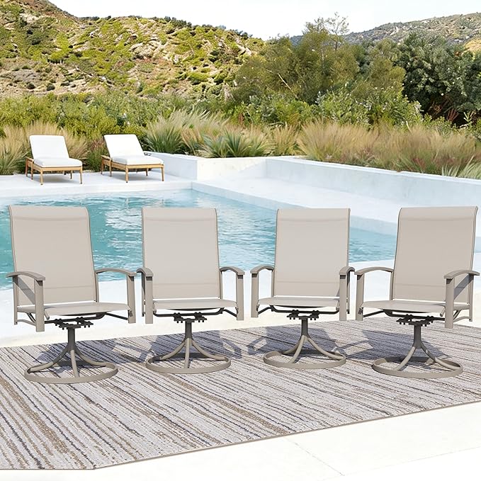 Patio Swivel Chairs Set of 4, All-Weather Metal Outdoor Dining Set with Breathable Mesh Seat, Lightweight Ivory Swivel Bistro Chairs for Garden, Deck, Porch - Cool & Comfortable Relaxation