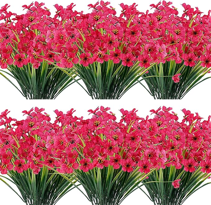 JEMONG 20 Bundles Artificial Flowers Outdoor UV Resistant Fake Flowers No Fade Faux Plastic Plants Garden Porch Window Box Decorating(Rose Red)…