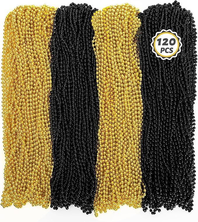 120 PCS New Years Beaded Necklace, 33 IN Mardi Gras Beads, Blackgold Mardi Gras Accessories, Bead Necklace Throw Beads Bulk for Party Parade New Years Eve Party Supplies Favors Decor