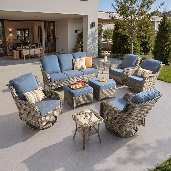 ovios 9 Pieces Patio Furniture Set, Outdoor Wicker Sofa Couch with Swivel Chairs Ottomans Comfy Cushions, High Back Modern All Weather Conversation Sets, Grey Rattan, Denim Blue
