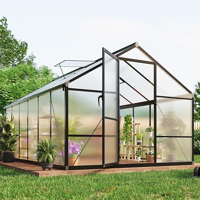 8 X 12 FT Greenhouse, Outdoor Greenhouses, Polycarbonate Panels with Aluminum Frame, Adjustable Roof Vent and Lockable Door, Green Houses for Outside Backyard, Garden, Patio