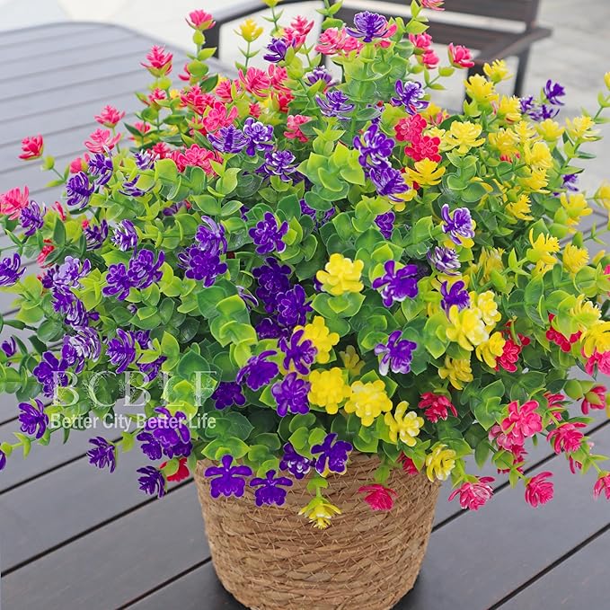 BCBLF Artificial Flowers for Outdoors, 12 Bundles UV Resistant Realistic Faux Plants for Outside Porch Planter, Spring Summer Home Garden Decoration, Green