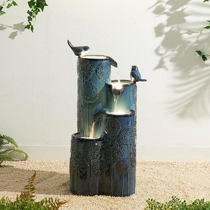 Glitzhome 27" H Outdoor Water Fountain with LED Light, Pump & Adapter, 4-Tier Turquoise Dandelion Vase Ceramic Cascading Garden Fountains Waterfalls with Birds, for Porch Deck Patio Backyard
