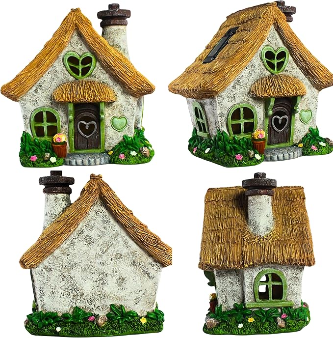 PRETMANNS Fairy House for Outside with Solar Powered LED Lights for Garden - Fairy Garden Houses for Outdoor - Miniature Accessories for Cottage Decor for Village - 7.56” High, Green
