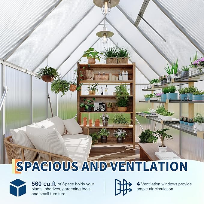 6X7 ft Polycarbonate Greenhouse with Aluminum Frame, Polycarbonate Greenhouse for Outdoors, Greenhouses with Ventilation, Aluminum Large Walk-in Greenhouses for Outside