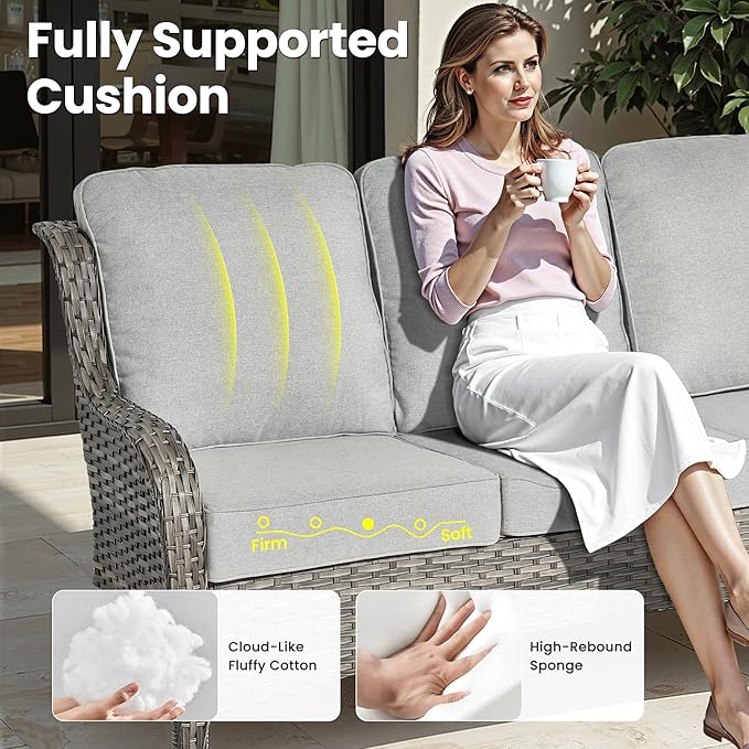 ovios 9 Pieces Patio Furniture Set, Outdoor Wicker Sofa Couch with Swivel Chairs Ottomans Comfy Cushions, High Back Modern All Weather Conversation Sets, Grey Rattan, Grey