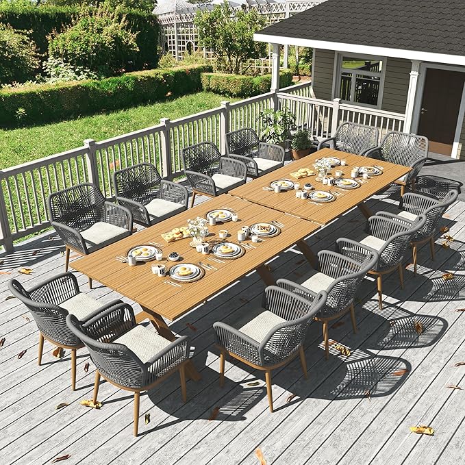 LayinSun Outdoor Dining Set for 12, 14 Pieces Patio Furniture Sets with Aluminum Dining Table and Rope Weave Chairs