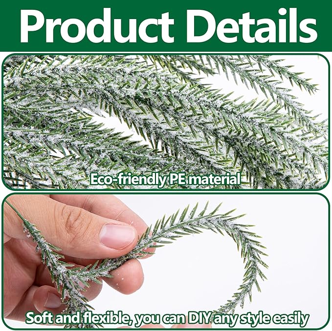 60 Pcs Christmas Snow Norfolk Pine Branches with Red Berry Stems, Snowy Artificial Xmas Branches Pine Tree Needle, Berries White Frosted Fake Greenery Norfolk Pines Stems Sprigs for Garland Home Decor