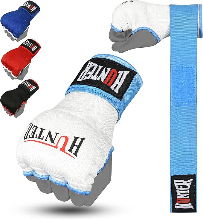 HUNTER Gel Padded Inner Gloves with Hand Wraps for Boxing, Quick Elastic Training Wraps for Men & Women, Muay Thai MMA Kickboxing Martial Arts Knuckle Wrist Protector (Pair)
