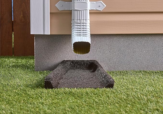 Rubberific Premium Rubber Downspout Splash Block Rain Guard Stone Textured Drain Extender (Black)