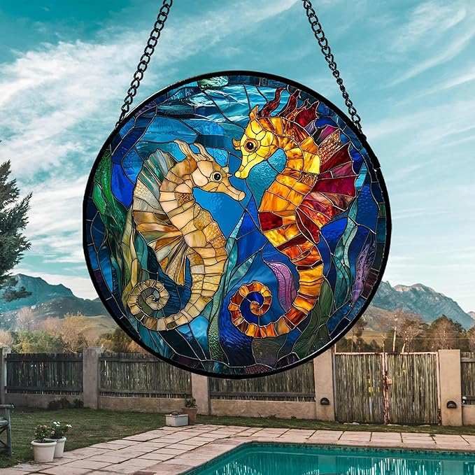 Stained Glass Window Hanging - Blue Ocean Orange Seahorse Suncatcher for Door Terrace Garden Home Decor, Marine Life Sun Catcher Birthday Gifts for Lovers Women Men Dad Mom Nana 11.8 in