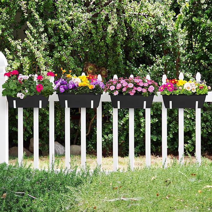 OYEAL 4 Pack Railing Planter Box Outdoor, 17 Inch Plastic Flower Pots with Adjustable Brackets, Hanging Window Boxes Planter Flower Herb Plant Pot for Garden Fence Patio, Balcony Decor, Black & White