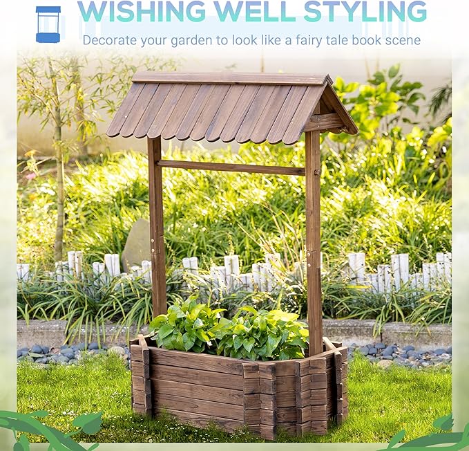 Outsunny Wishing Well Planter, Wooden Raised Garden Bed, Ornamental Outdoor Flower Planter for Outdoor Garden, Yard, Lawn, and Home Decor