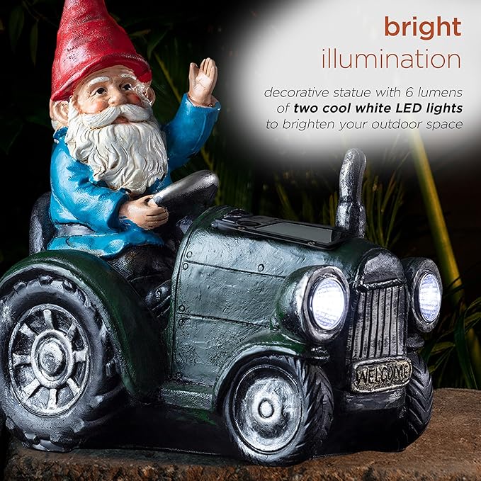 Alpine Corporation WQA1378SLR-GN Outdoor Garden Gnome Riding Green Tractor Solar Yard Statue Decoration with LED Lights, 10"