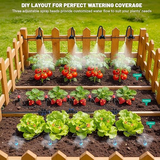 Drip Irrigation Kit, DIY Automatic Garden Watering System with Push-Fit Connectors, 2026 New Upgraded Water-Saving Design, 3 Adjustable Nozzles for Yard, Greenhouse, Lawn & Potted Plants (100FT)