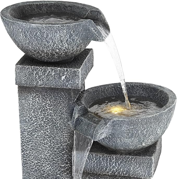 Three Bowls 32 1/4" High Large Modern Indoor Outdoor Decor Gray Faux Stone Floor Fountain with Light LED Waterfall Cascading Water Feature for Outside Garden Patio Yard Backyard - John Timberland