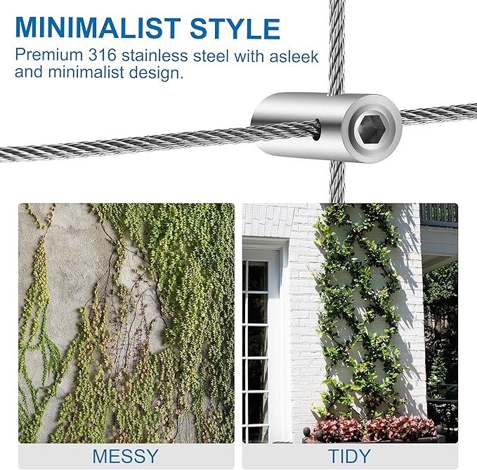 Wire Trellis for Climbing Plants Outdoor, 20-Set Wall Wire Trellis Kit with 1/8in x 98ft Stainless Steel Cable & Cutter, T316 Cylindrical Espalier System for Fence and Garden DIY Projects