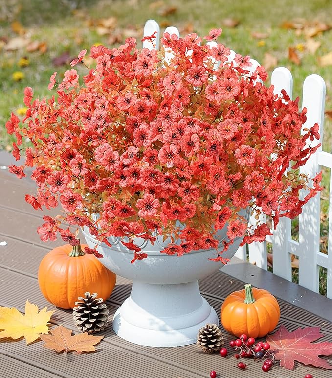 florisso Artificial Fall Flowers Fake Mums for Outdoor Autumn Decoration, 12 Bundles Faux Silk Orange Yellow Mums Daisy Look Real UV Resistant for Outside Home Porch Patio Planter