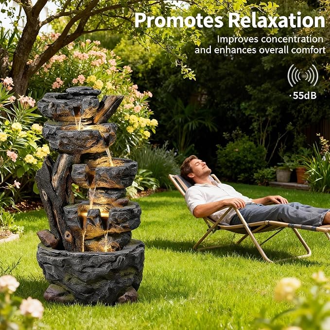 47.2" H Large Water Fountain Outdoor - 5 Tiers Cascade Floor Standing Rock Wood Like Waterfall Fountain with LED Lights for Garden Patio Backyard Porch Home Decor