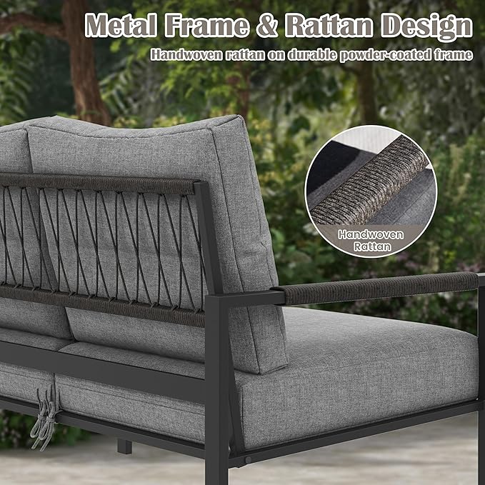 2 Pieces Rattan Outdoor Furniture Set, All-Weather Patio Loveseat with Dark Grey Cushions and Coffee Table for Garden, Backyard, Balcony, Poolside