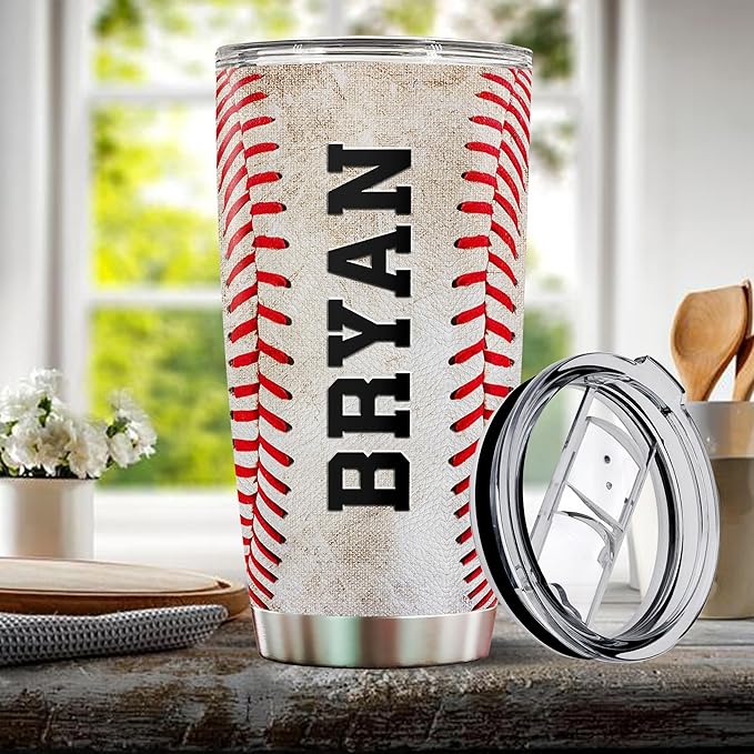 WONWIX Personalized Baseball Tumbler Gifts 20oz Travel Cup Coffee Mug Stainless Steel Insulated with Lid Gift for Men Women Sports Lovers Baseball Fan Players Coach