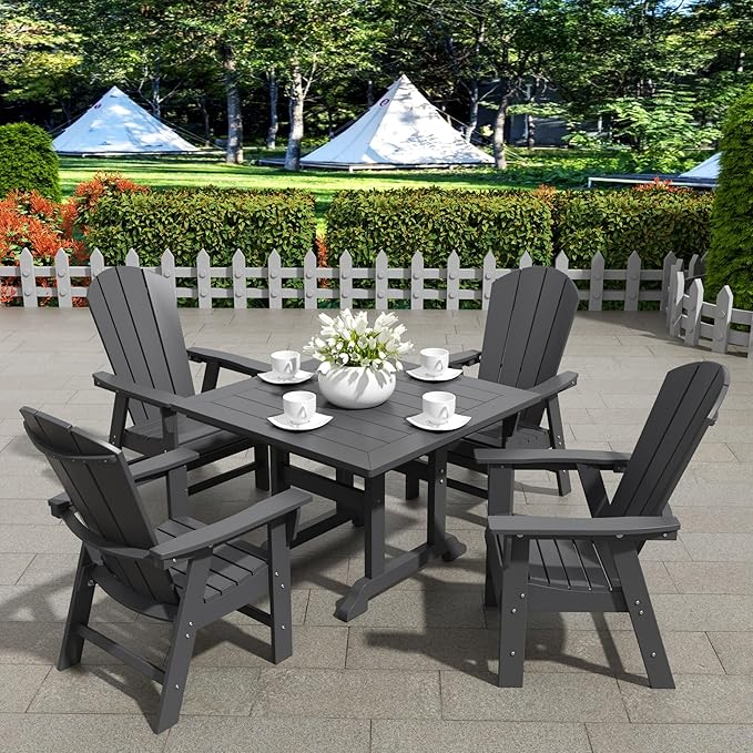 WestinTrends Malibu 5 Piece Adirondack Outdoor Dining Set, All Weather Poly Lumber Patio Table and Chairs Furniture Set, 43" Trestle Square Dining Table and 4 Adirondack Dining Chair, Gray