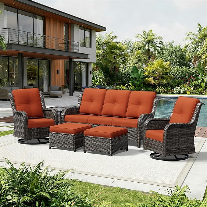 Joyside 6 Piece Wicker Patio Furniture Set, Outdoor Swivel Rocker Patio Chairs with High Back, Deep Seating, Wide Armrest, Thickened Cushions, Outdoor Furniture for Deck, Porch Use