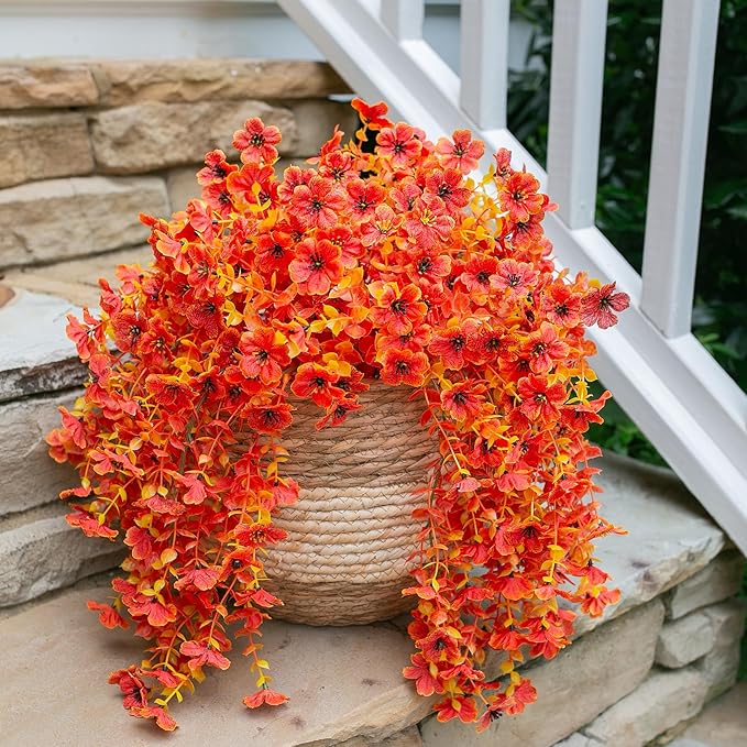 HyeFlora Fall Artificial Flowers for Outdoors Fake Silk Flower, 2Pcs Red Orange Daisy Autumn Decor, Realistic Hanging Decoration Plants, UV & Fading Resistant for Porch Patio Balcony Planter