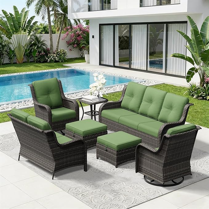 7 Piece Outdoor Wicker Patio Furniture Set, Outdoor Swivel Rocker Patio Chairs Set with Thickened Olefin Cushions, High Back and Deep Seating, Hand-Woven PE Rattan for Porch, Deck