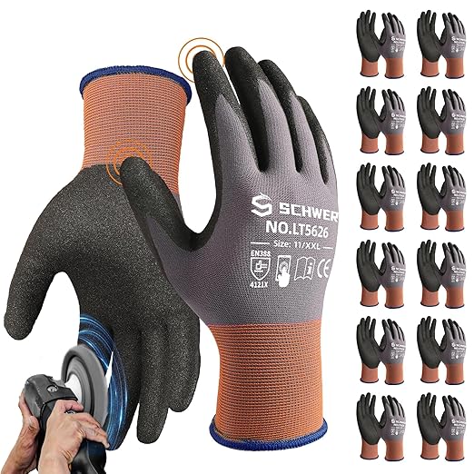Schwer 12 Pairs Safety Work Gloves Sandy Nitrile Coated LT5626, Max Abrasion Resistant Heavy Duty Working Gloves with Grip for Men Women, Touch-Screen, for General Use, Mechanic, Construction, XXL