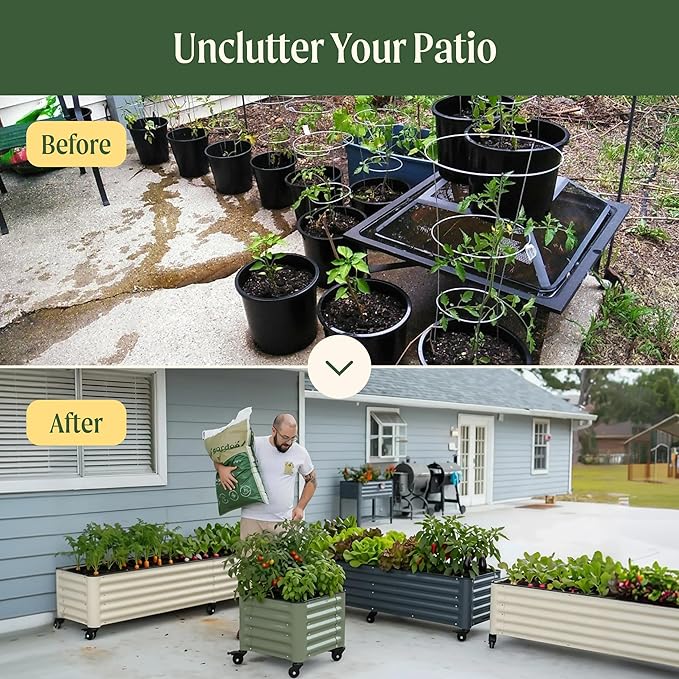 Vego garden Classic Rolling Garden Bed – 1.75' Mobile Metal Raised Garden Bed for Patio, Deck, Balcony – Deep Planting Space, Durable & Easy to Move (Pearl White, 1.75'X8')